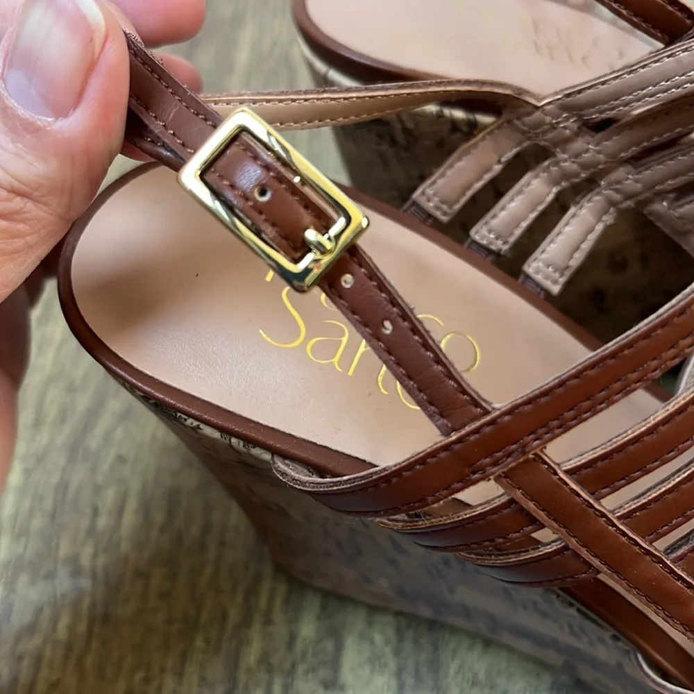 Franco Sarto Sombre Brown Cork Wedge Strap Platform Sandals Size 8.5